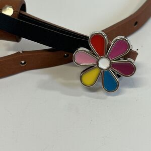 BOHO FAUX‎ LEATHER SKINNY BELT COLORFUL ENAMEL FLOWER BUCKLE. 60's Hippie Vibe
